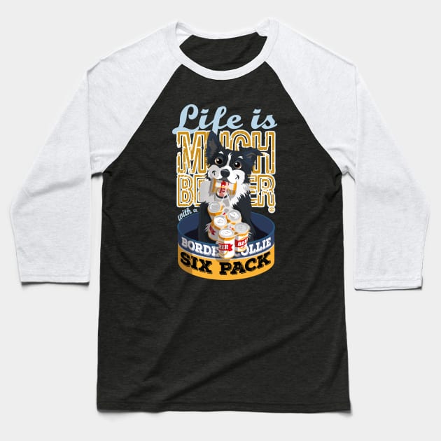 Six Pack Border Collie - Black Baseball T-Shirt by DoggyGraphics